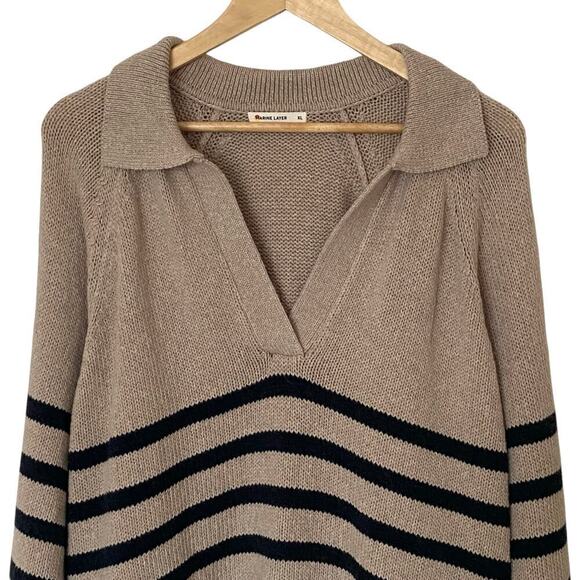 MARINE LAYER Claire Relaxed Knit Polo Sweater in Neutral Stripe, Size X-Large - Picture 7 of 15